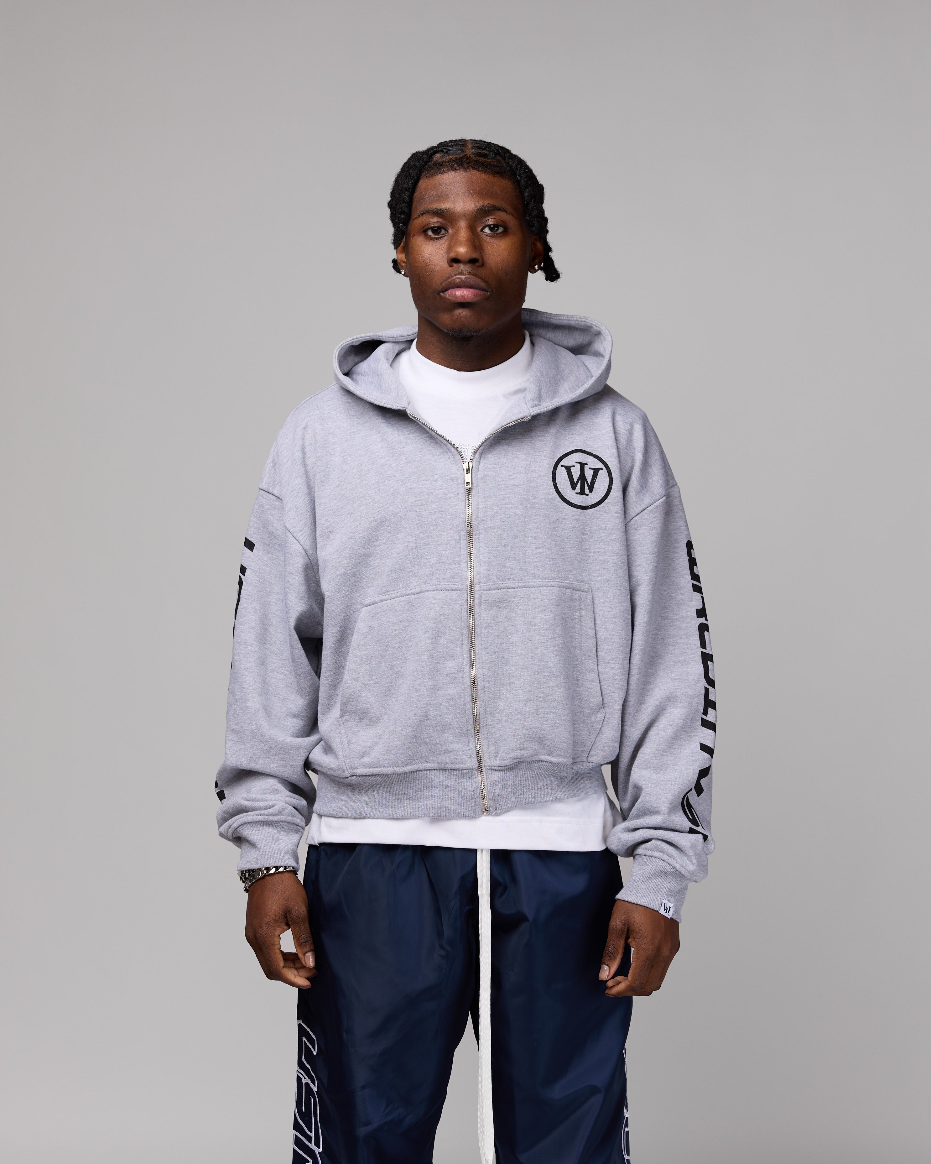Retro Cropped Zip-Up Hoodie (Heather Grey/Black) [Boxy +