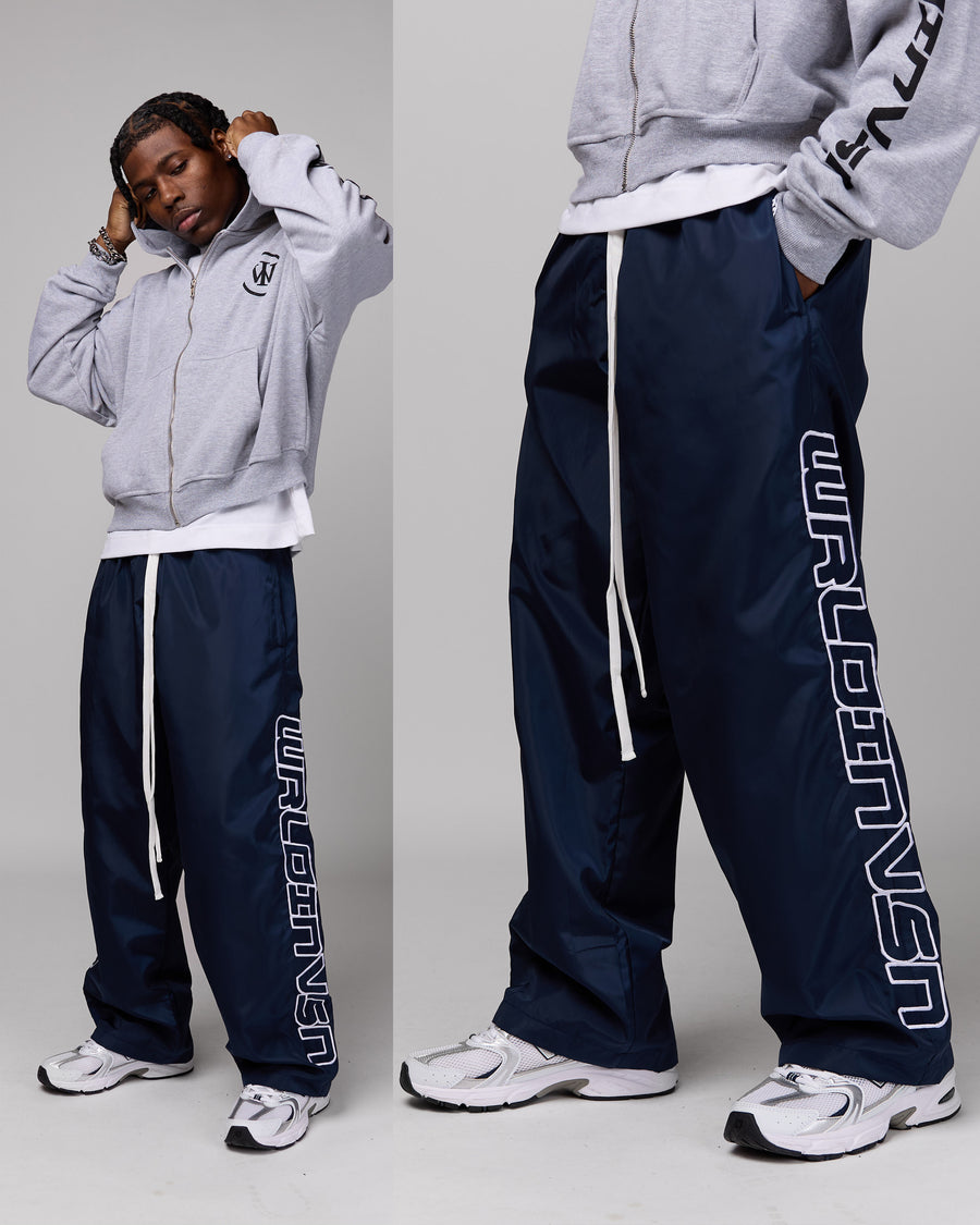 Retro Relaxed-Fit Nylon Pants (Navy/White Stitching)