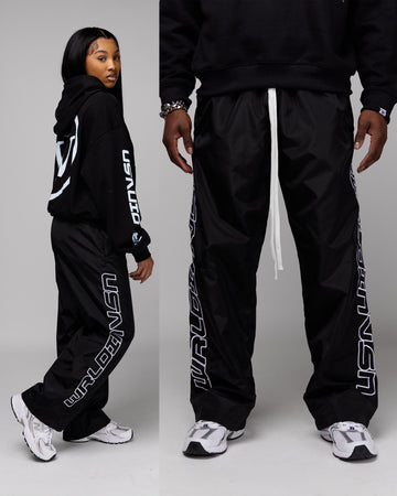 Retro Relaxed-Fit Nylon Pants (Black/White Stitching)