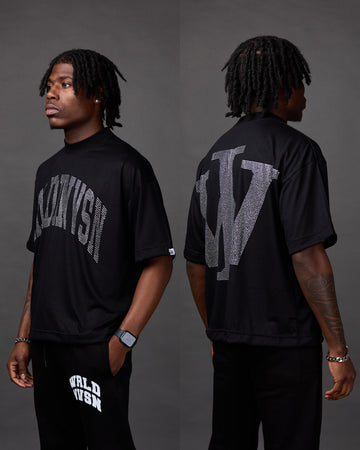 Premium “Stone” Cropped Shirt (Black/Rhinestone)