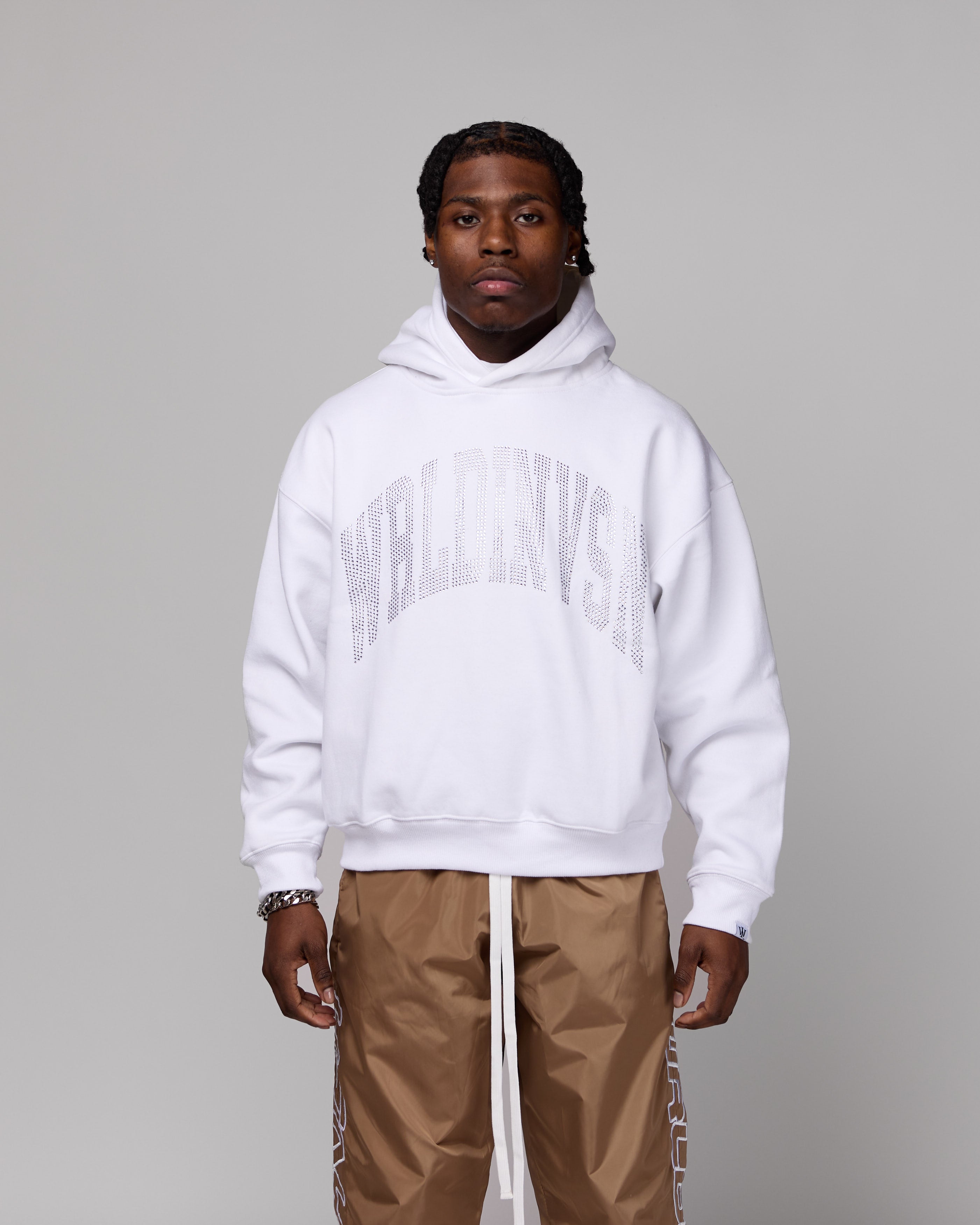 Premium “Stone” Oversized Hoodie (White/Rhinestone) [Boxy +