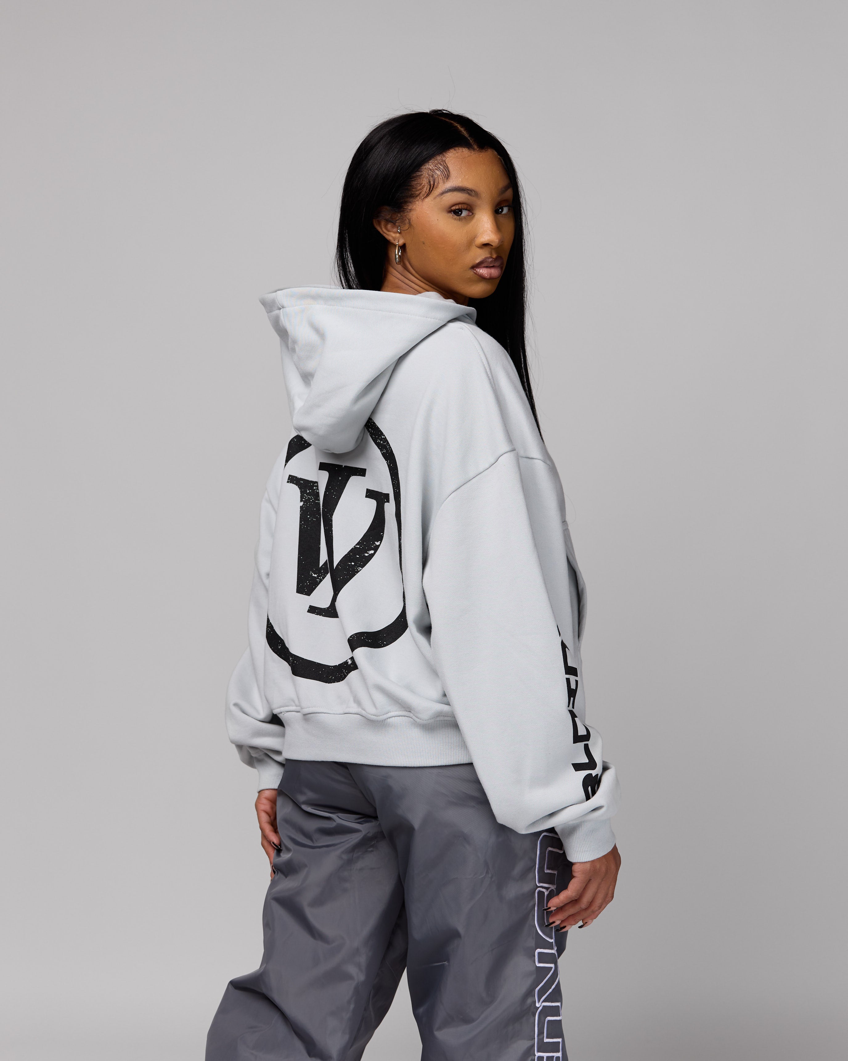 Retro Cropped Zip-Up Hoodie (Cement/Black) [Boxy + Oversized