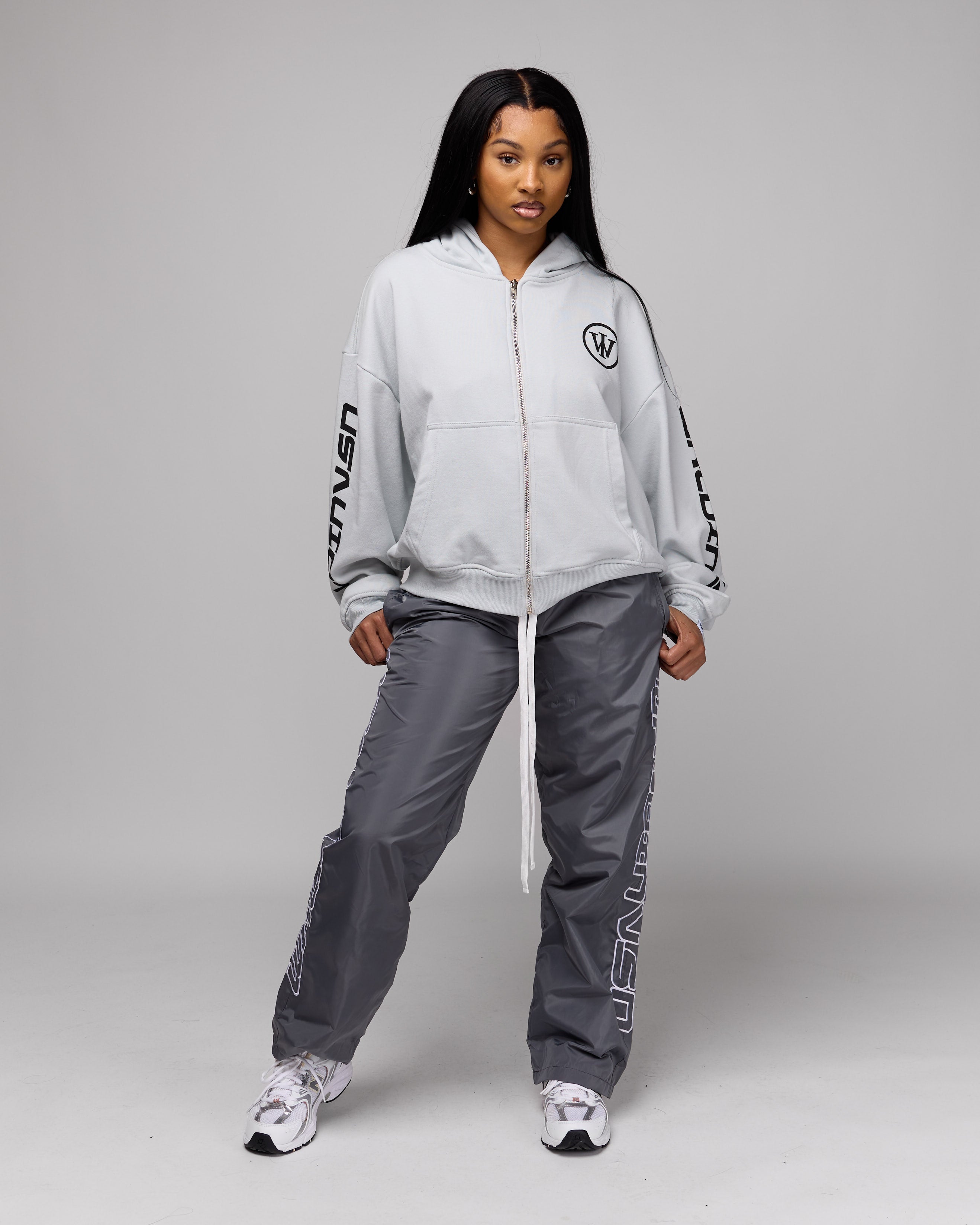 Retro Cropped Zip-Up Hoodie (Cement/Black) [Boxy + Oversized