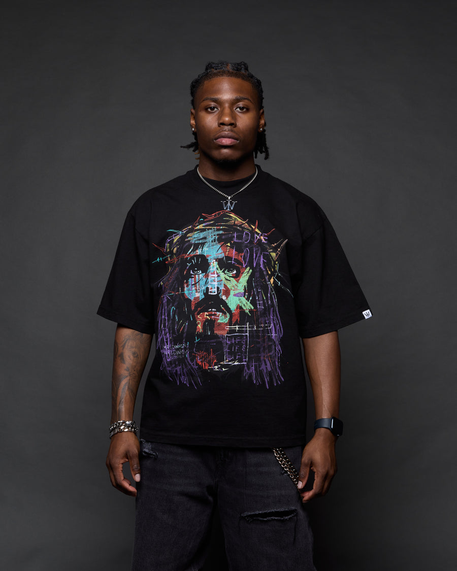 “Abstract Jesus Remixed” Black Boxy Tee (Heavyweight & Oversized)
