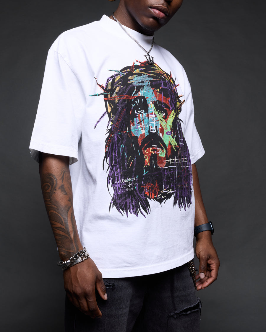 “Abstract Jesus Remixed” White Boxy Tee (Heavyweight & Oversized)
