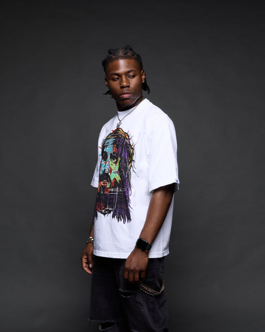 “Abstract Jesus Remixed” White Boxy Tee (Heavyweight & Oversized)