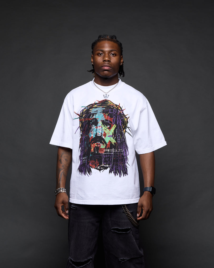 “Abstract Jesus Remixed” White Boxy Tee (Heavyweight & Oversized)
