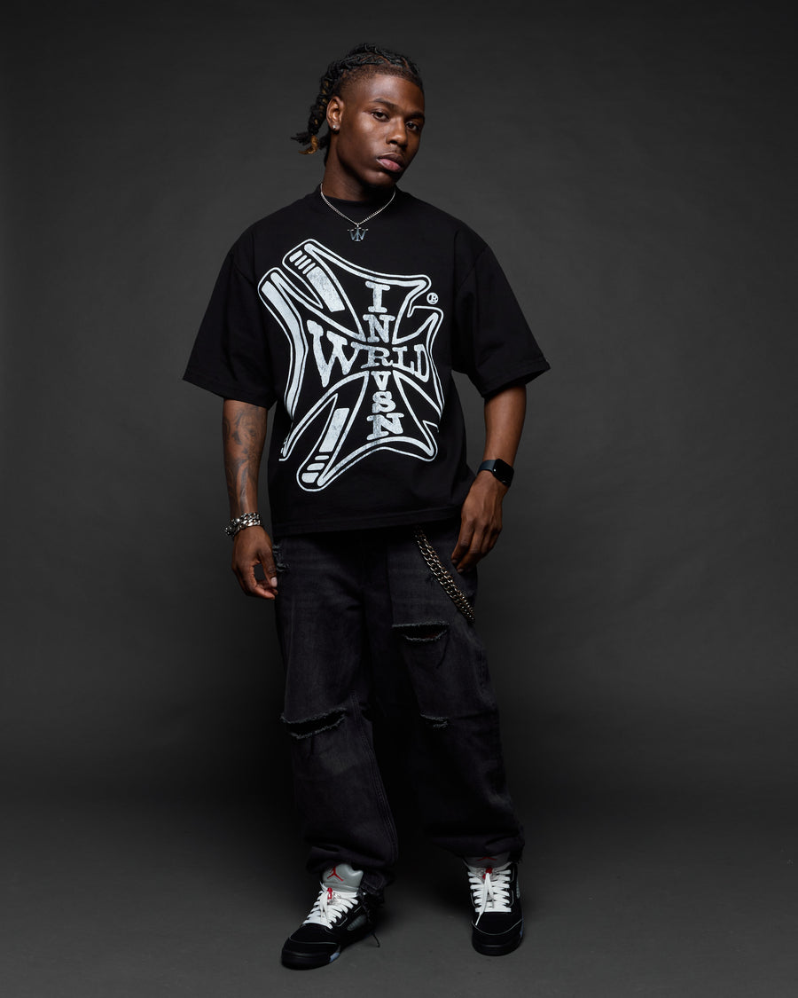“Sponsor” Black Boxy Tee (Heavyweight & Oversized) [Raw Cut Bottom]