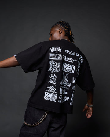 “Sponsor” Black Boxy Tee (Heavyweight & Oversized) [Raw Cut Bottom]