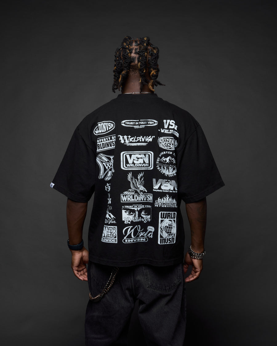 “Sponsor” Black Boxy Tee (Heavyweight & Oversized) [Raw Cut Bottom]