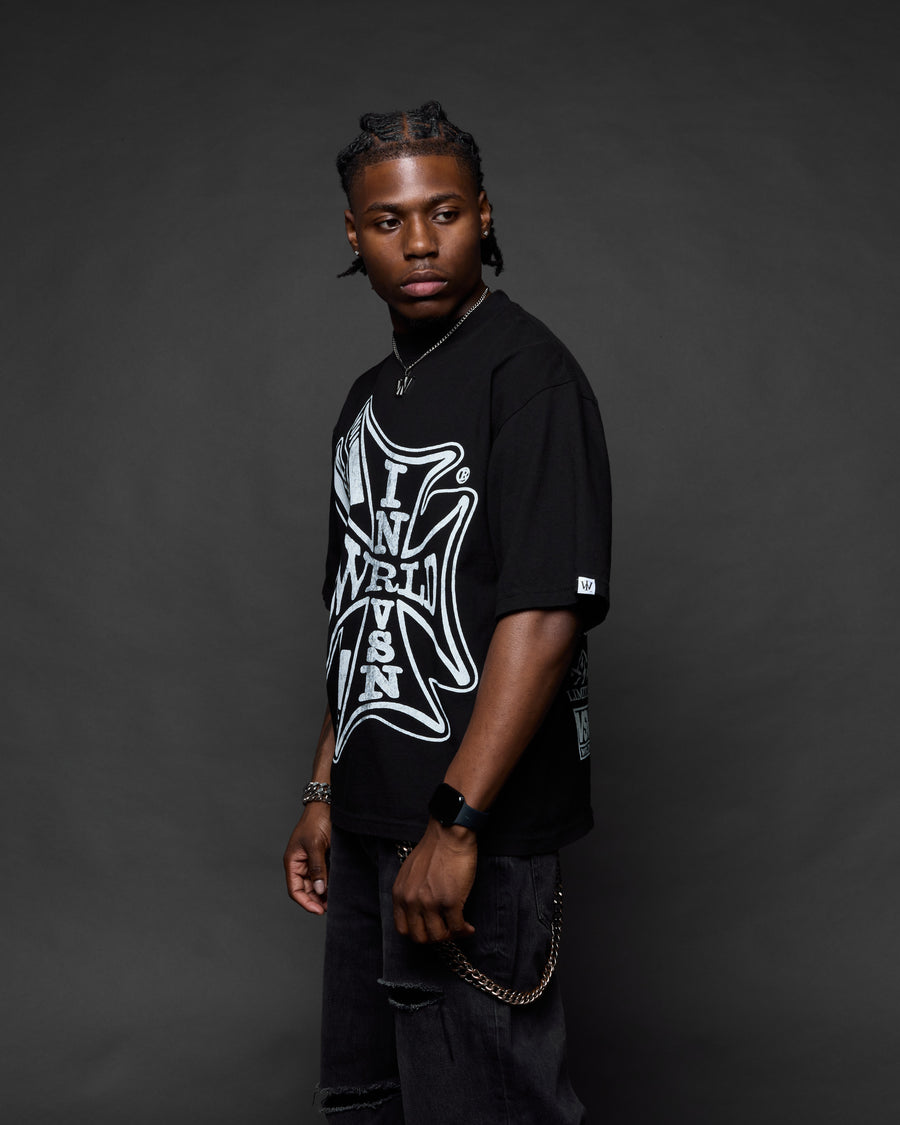 “Sponsor” Black Boxy Tee (Heavyweight & Oversized) [Raw Cut Bottom]