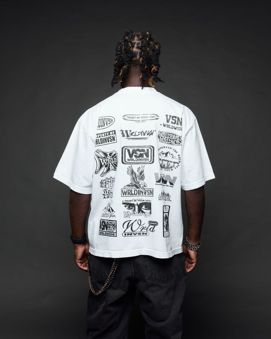 “Sponsor” White Boxy Tee (Heavyweight & Oversized) [Raw Cut Bottom]