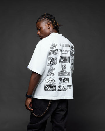 “Sponsor” White Boxy Tee (Heavyweight & Oversized) [Raw Cut Bottom]