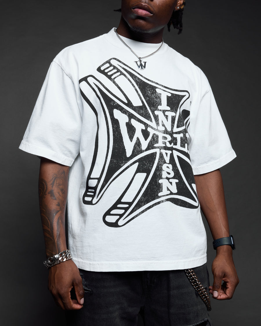 “Sponsor” White Boxy Tee (Heavyweight & Oversized) [Raw Cut Bottom]