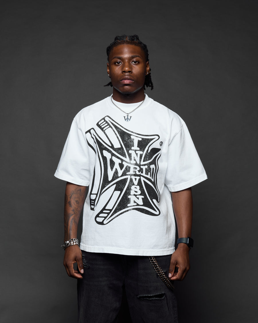 “Sponsor” White Boxy Tee (Heavyweight & Oversized) [Raw Cut Bottom]