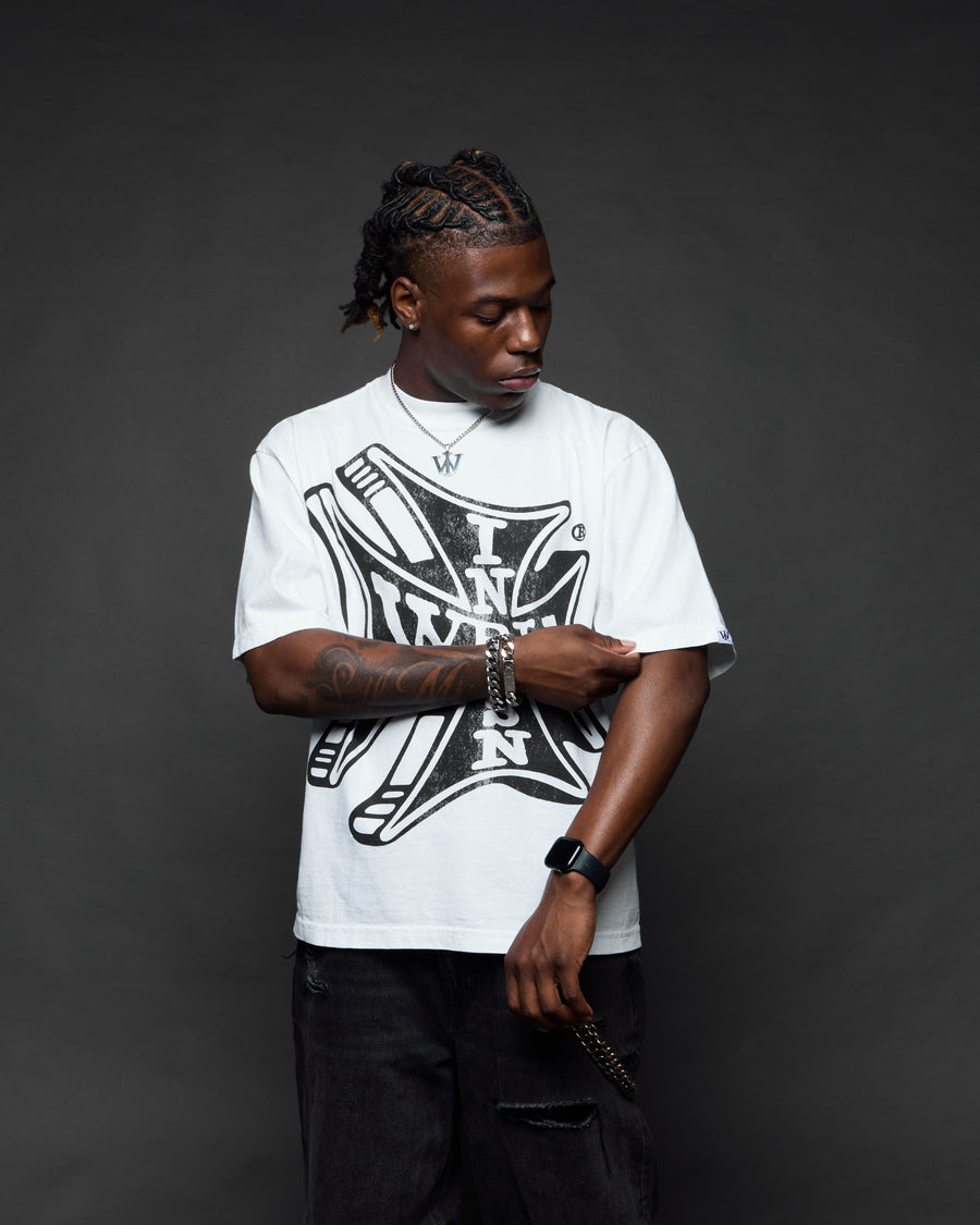 “Sponsor” White Boxy Tee (Heavyweight & Oversized) [Raw Cut Bottom]