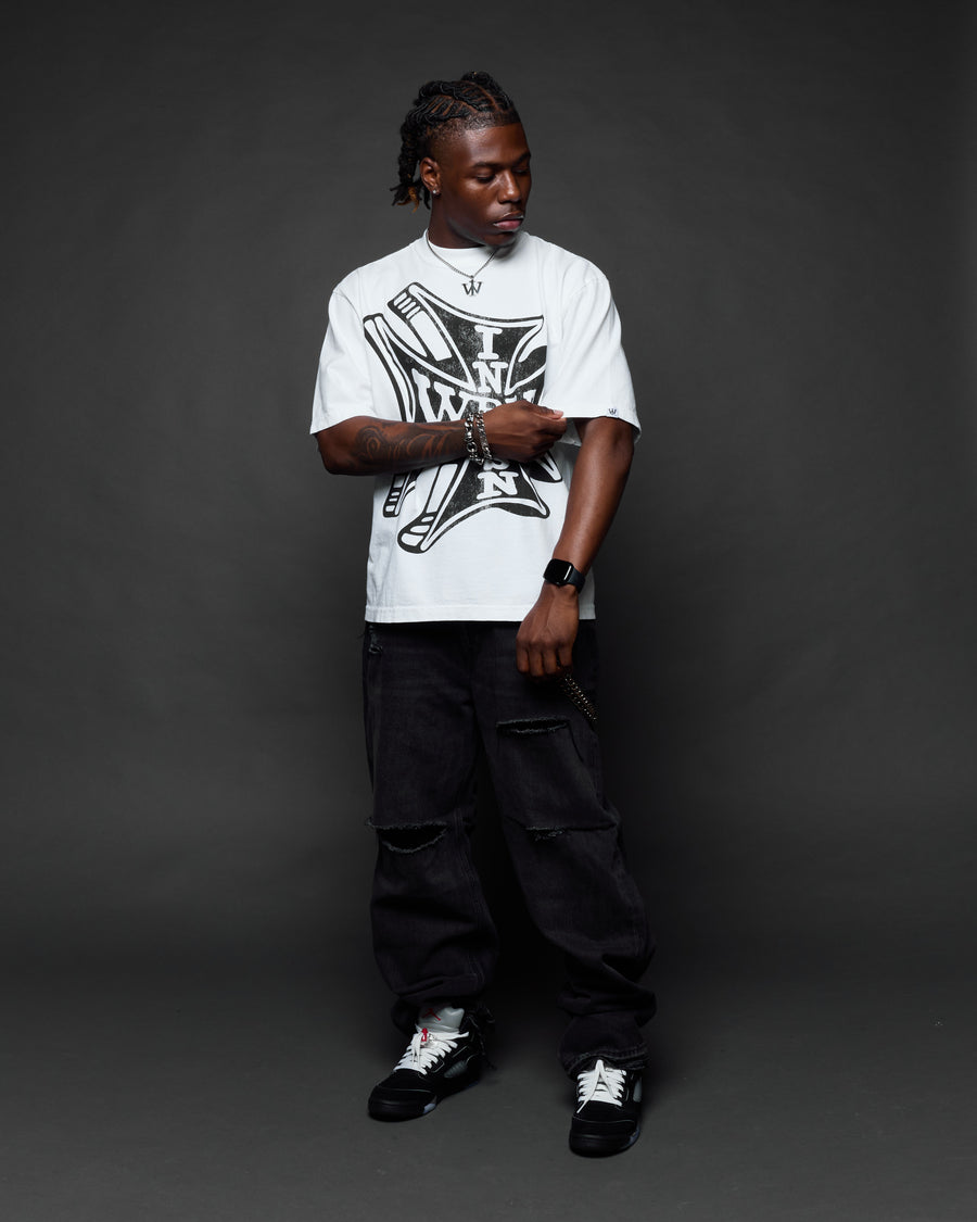 “Sponsor” White Boxy Tee (Heavyweight & Oversized) [Raw Cut Bottom]