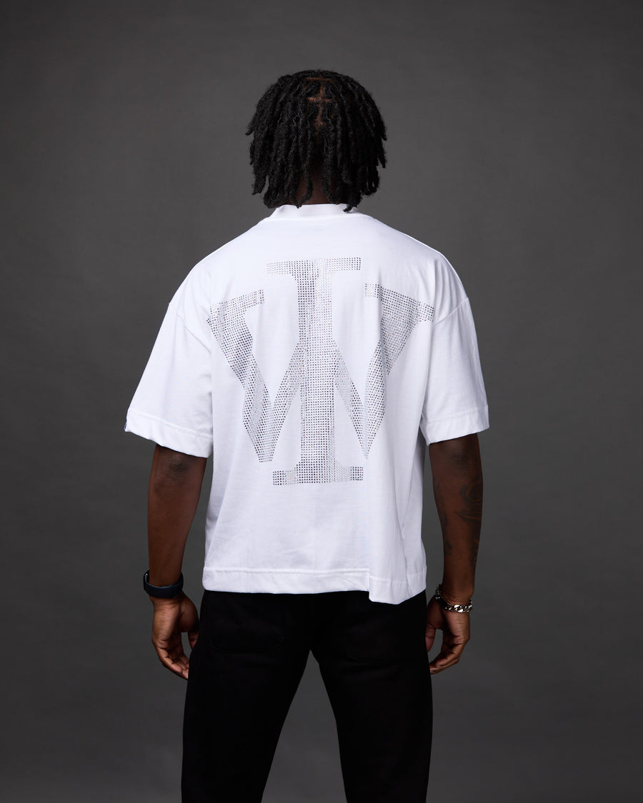 Premium “Stone” Cropped Shirt (White/Rhinestone)