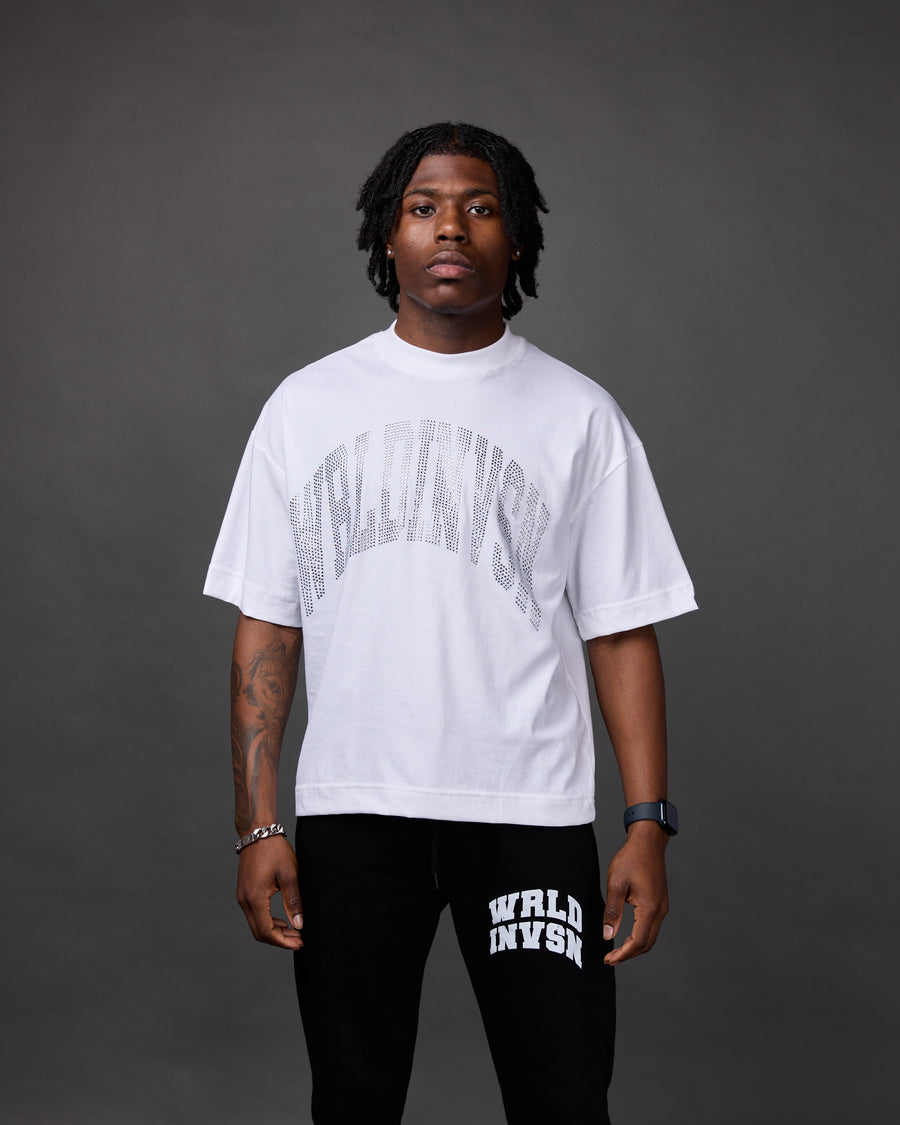 Premium “Stone” Cropped Shirt (White/Rhinestone)