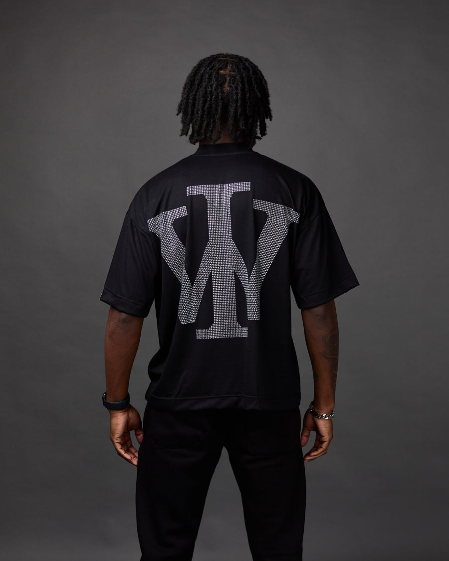 Premium “Stone” Cropped Shirt (Black/Rhinestone)