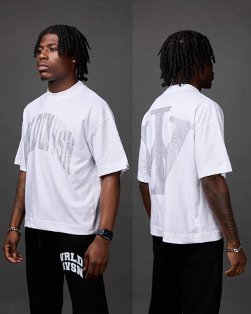 Premium “Stone” Cropped Shirt (White/Rhinestone)