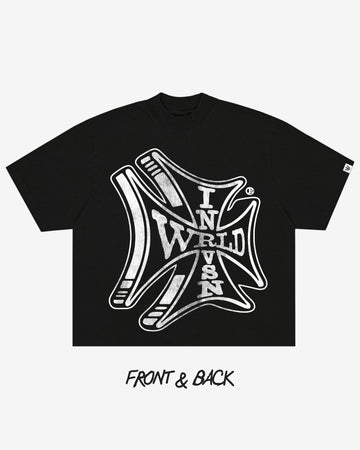 “Sponsor” Black Boxy Tee (Heavyweight & Oversized) [Raw Cut Bottom]