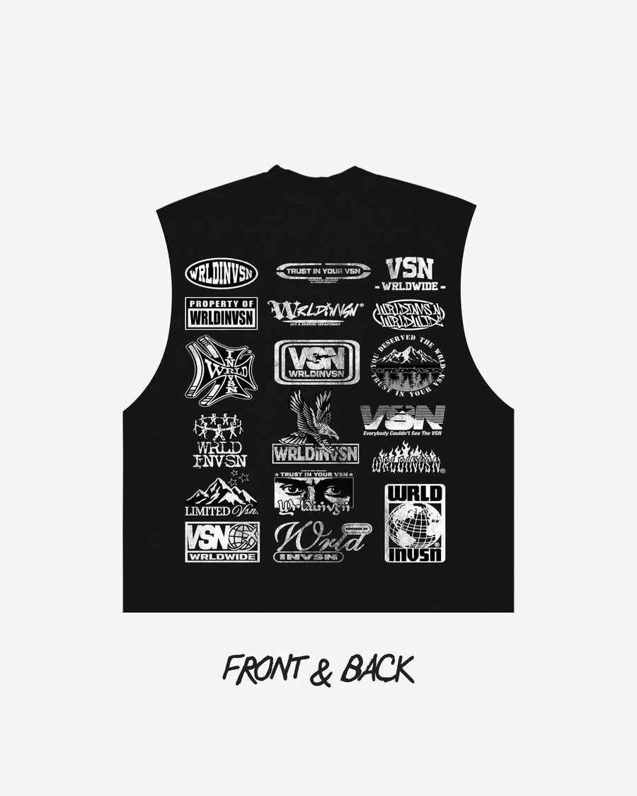“Sponsor” Black Cut Off Tee (Heavyweight & Oversized) [Raw Cut Bottom]