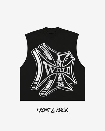 “Sponsor” Black Cut Off Tee (Heavyweight & Oversized) [Raw Cut Bottom]