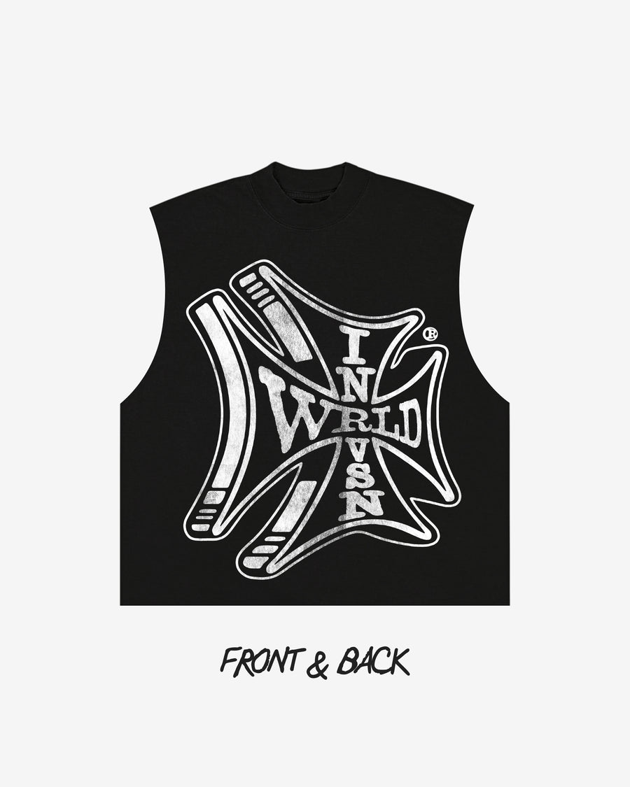 “Sponsor” Black Cut Off Tee (Heavyweight & Oversized) [Raw Cut Bottom]
