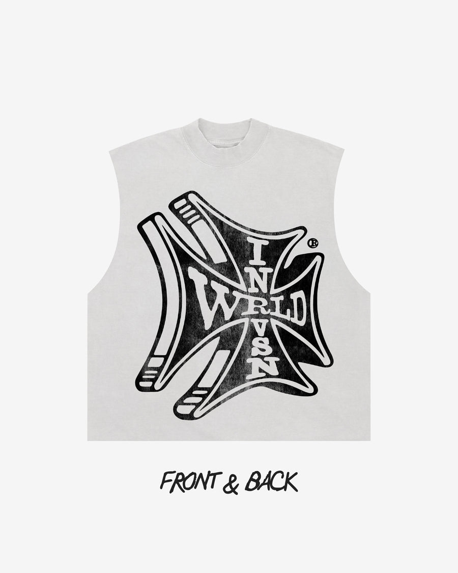 “Sponsor” White Cut Off Tee (Heavyweight & Oversized) [Raw Cut Bottom]