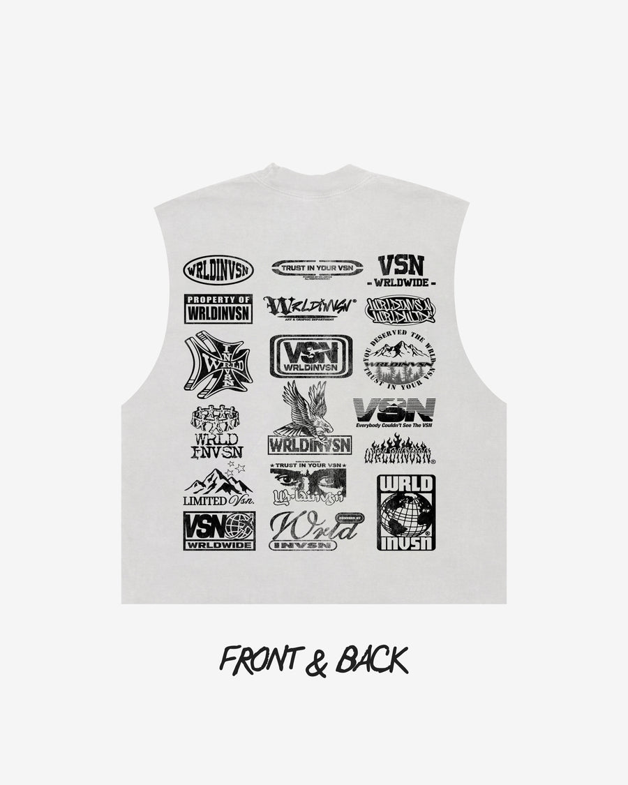 “Sponsor” White Cut Off Tee (Heavyweight & Oversized) [Raw Cut Bottom]