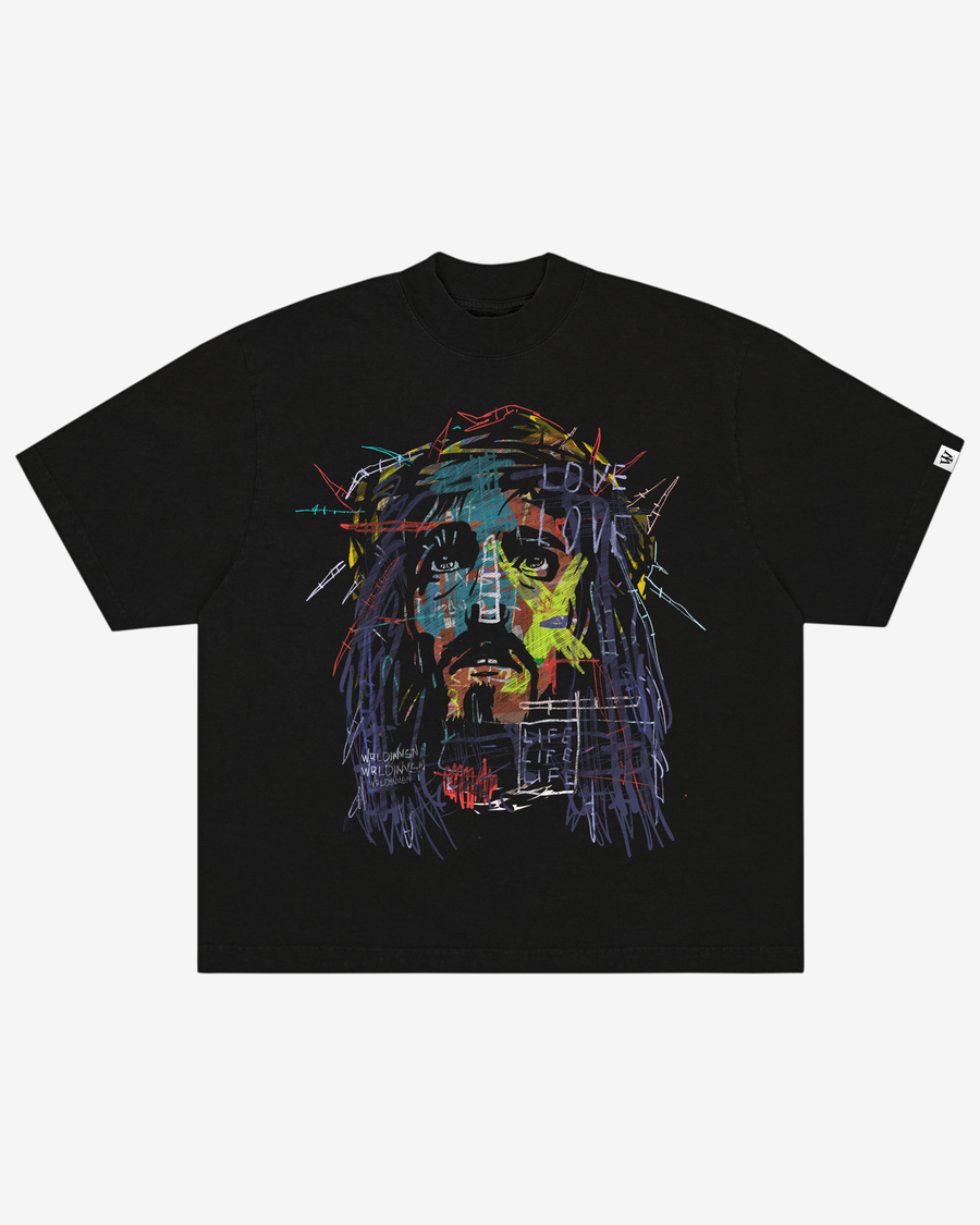 “Abstract Jesus Remixed” Black Boxy Tee (Heavyweight & Oversized)